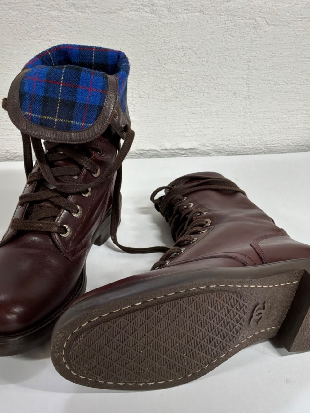 Vintage 90's CHANEL CC Logo COMBAT Biker Moto Brown Lace Up Leather Boots  37.5 - Picture 6 of 16